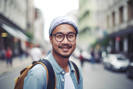Portrait of a handsome asian man wearing eyeglasses and hat walking in the cityの素材