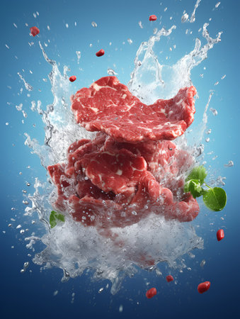Fresh raw meat with water splash on blue background. 3d renderingの素材