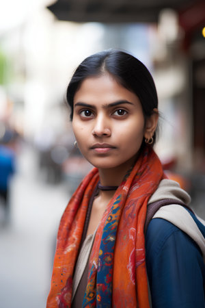 Portrait of young beautiful Indian woman with scarf in the city.の素材