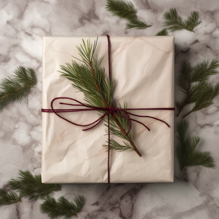 Gift box wrapped in kraft paper and tied with a red ribbon with fir branches on a marble backgroundの素材