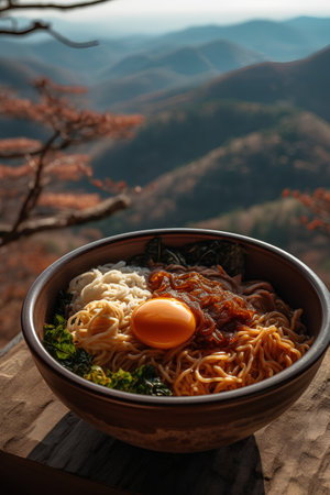 japanese udon noodle with egg and kimchiの素材