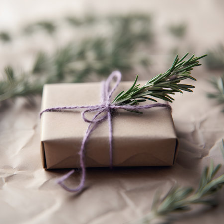 Gift box wrapped in craft paper with twine and rosemary.の素材