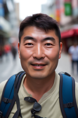 Portrait of happy young Asian tourist man looking at camera in cityの素材