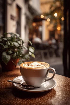 Cappuccino in a cup on a table in a cafeの素材