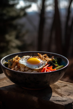 Rice bowl with fried egg and vegetables on a wooden table.の素材
