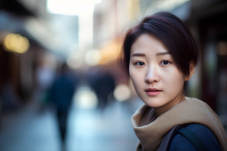 Portrait of a beautiful young asian woman walking in the cityの素材