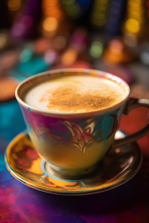 Cappuccino in a beautiful cup on a colorful background.の素材