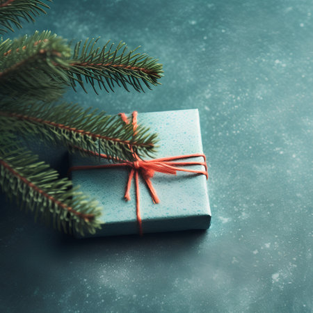 Christmas gift box with fir tree branch on blue background. Toned.の素材
