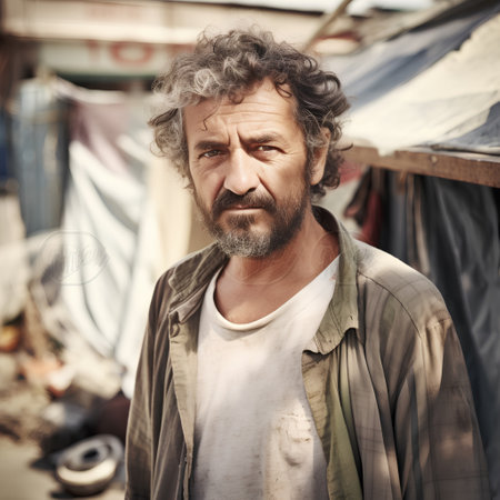 Portrait of a homeless man in the street. Poverty concept.の素材