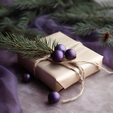 Christmas gift wrapped in craft paper and tied with twine. Selective focus.の素材