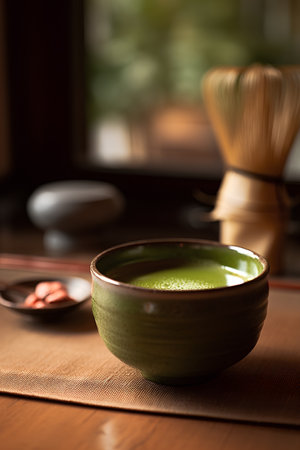 Matcha green tea in a ceramic bowl on a wooden table.の素材