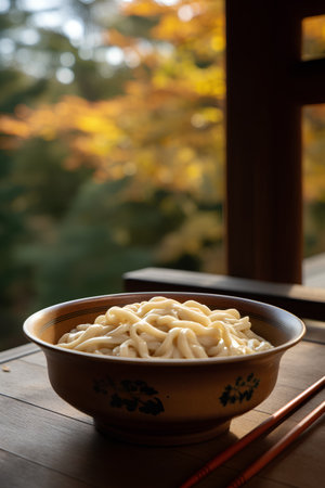 Rice noodles in bowl on wooden table in front of the windowの素材