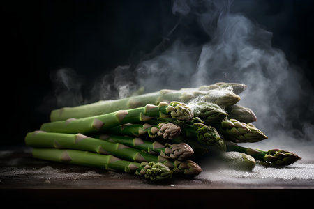 Bunch of fresh green asparagus on black background with smokeの素材