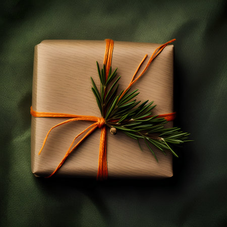 Gift box wrapped in brown paper tied with orange ribbon on green fabric backgroundの素材