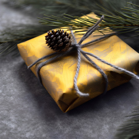 Gift box wrapped in golden paper and tied with twine with pine cone on gray backgroundの素材
