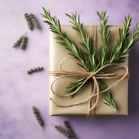 Gift box with rosemary and lavender twine on violet background, top viewの素材