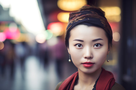 Portrait of beautiful asian woman with red scarf in the cityの素材