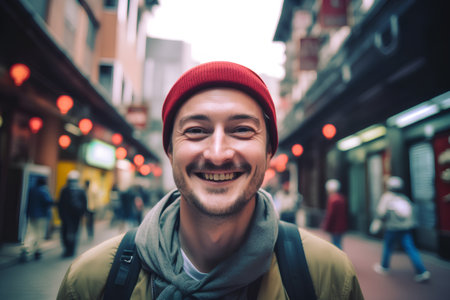 Portrait of a handsome young man in a red hat and scarf in the cityの素材