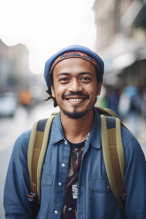 Portrait of a smiling young man with backpack in the city.の素材