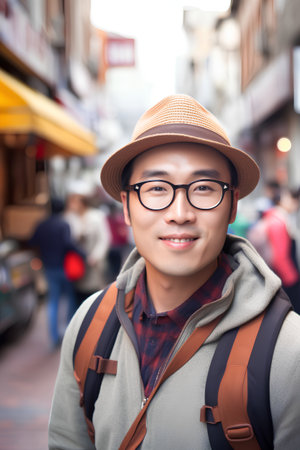 Portrait of young Asian tourist man with backpack and hat in the cityの素材