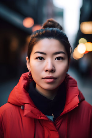 Portrait of a beautiful asian woman in red jacket looking at the cameraの素材