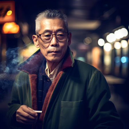Portrait of an old man smoking a cigarette in the city.の素材