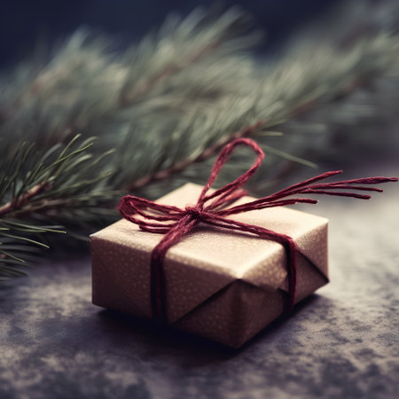 Christmas gift box and fir tree branch on wooden background. Toned.の素材