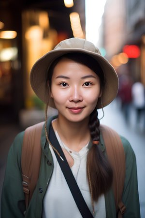Happy asian woman in hat smiling at camera while walking in cityの素材
