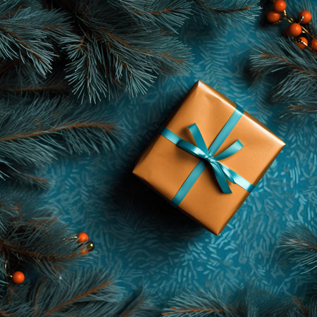 Christmas gift box with blue ribbon on blue background. Top view.の素材