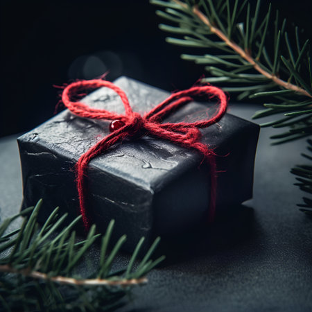 Black gift box tied with red ribbon and fir branch on black backgroundの素材