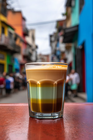Coffee in a glass on a wooden table in the streetの素材