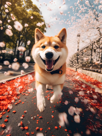 Shiba inu dog running on the road with cherry blossom petals.の素材