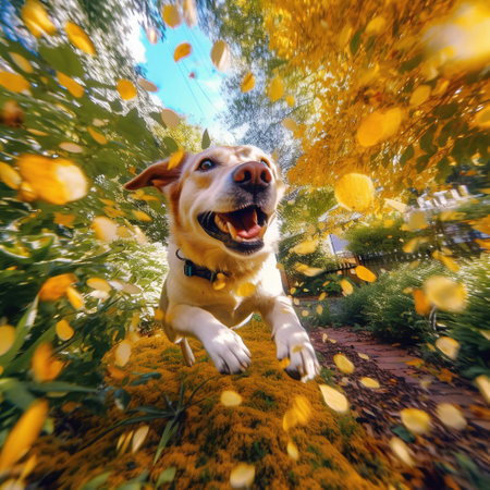 Labrador retriever dog jumping in the autumn park with yellow leavesの素材