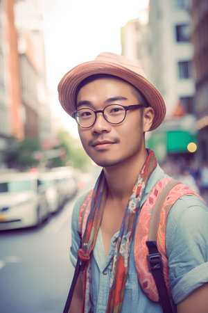 young handsome asian hipster man traveling in the city, lifestyle people conceptの素材