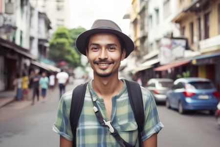 Portrait of a handsome young asian man with backpack and hat in the cityの素材
