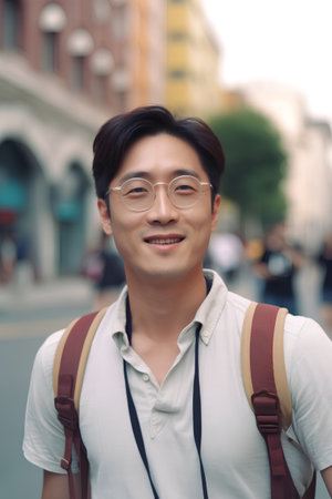 Portrait of young Asian man wearing eyeglasses in the cityの素材