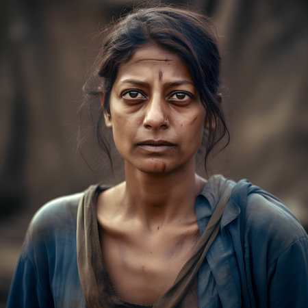 Portrait of a sad indian woman with dirty face and dirty faceの素材