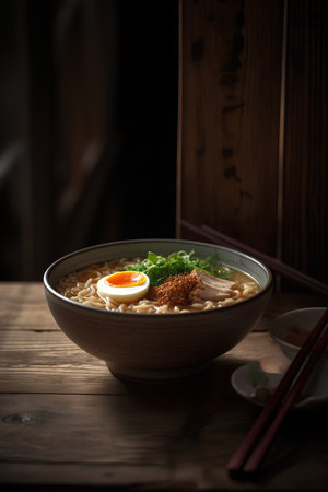 japanese ramen noodle soup with egg on wood backgroundの素材