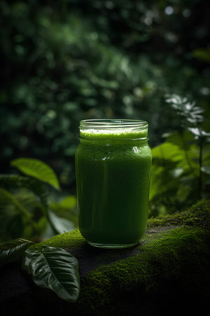 Green smoothie in a glass jar on green moss background with copy spaceの素材