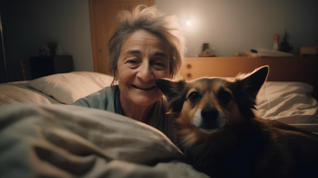Portrait of happy senior woman with her dog in bed at homeの素材