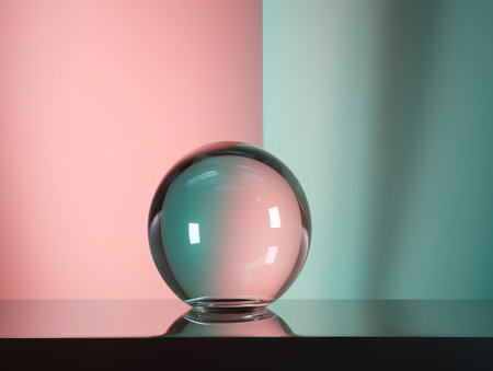 Empty glass ball on a colorful background. 3d render illustration.の素材