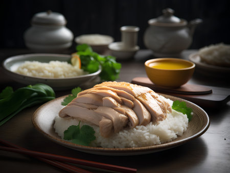 Hainanese chicken rice on wooden background. Selective focus.の素材