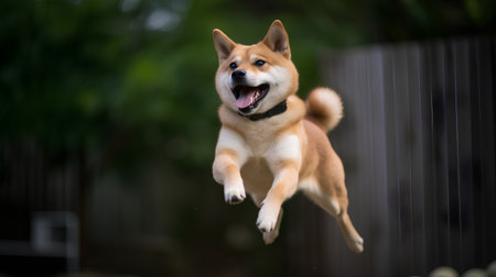 Shiba Inu jumping in the air. Selective focus.の素材