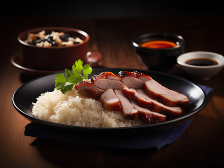Roast duck with rice on a black plate on a wooden tableの素材