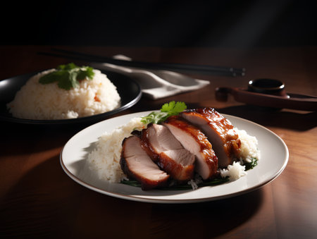 Roast duck and rice on the wooden table in dark tone.の素材
