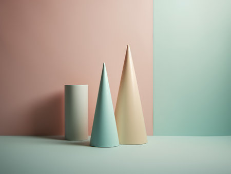 3d render abstract geometric forms. Minimalist composition with geometrical shapes in pastel colors.の素材