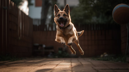 German shepherd dog running and jumping on the street. Selective focus.の素材