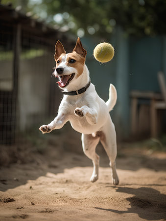 Jack russell terrier dog jumping and catching a ball.の素材