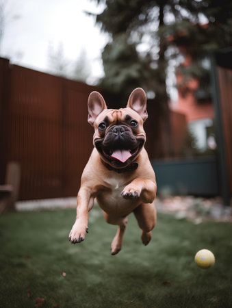 French bulldog jumping into the air while playing with a ball.の素材