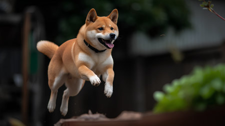 Shiba Inu jumping in the garden, shallow depth of fieldの素材